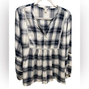 Cato Women's XL Blue & White Plaid Blouse Lace Trim 3/4 Sleeve Top